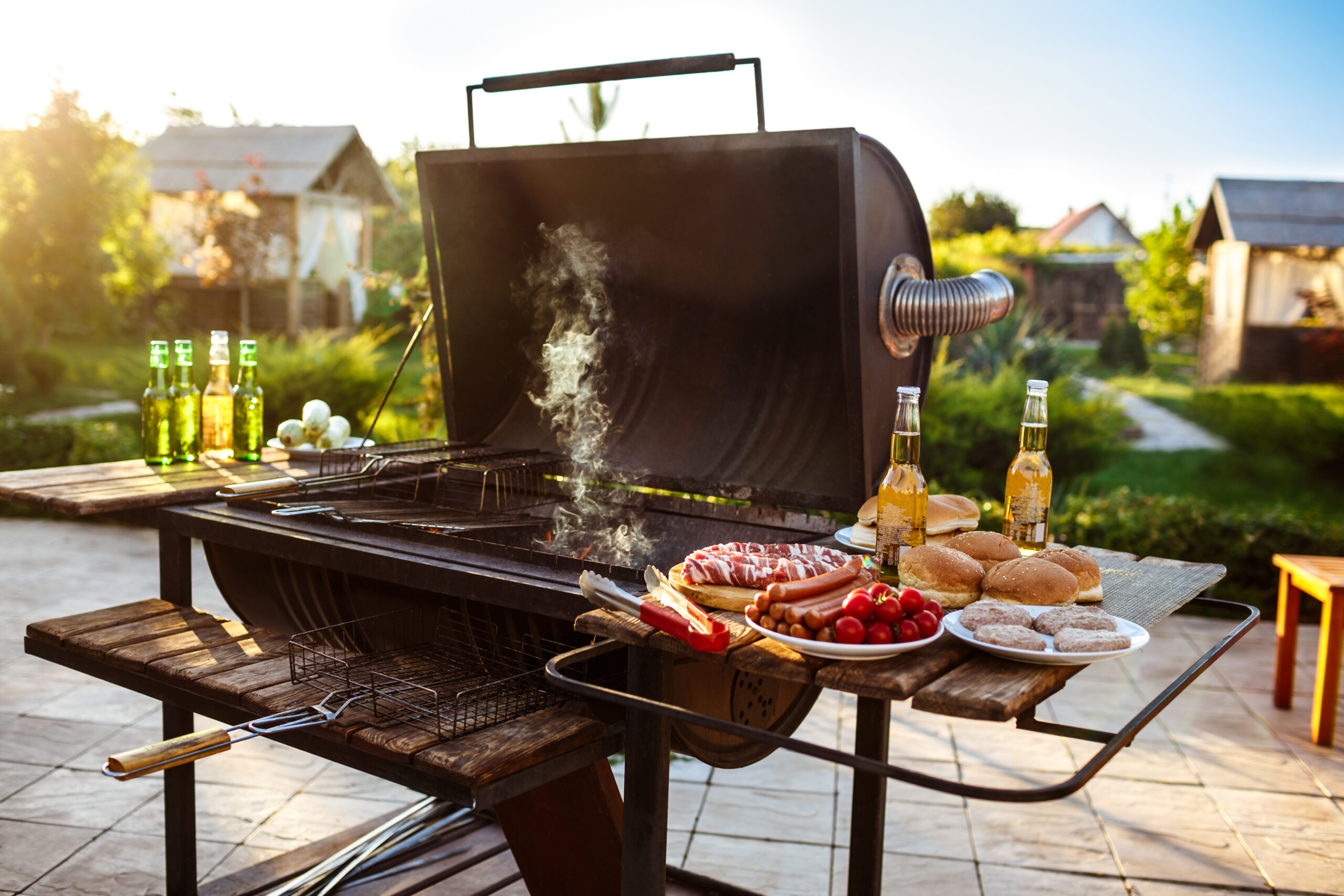Barbecue grill party. Tasty food on wooden desk. Copy space.